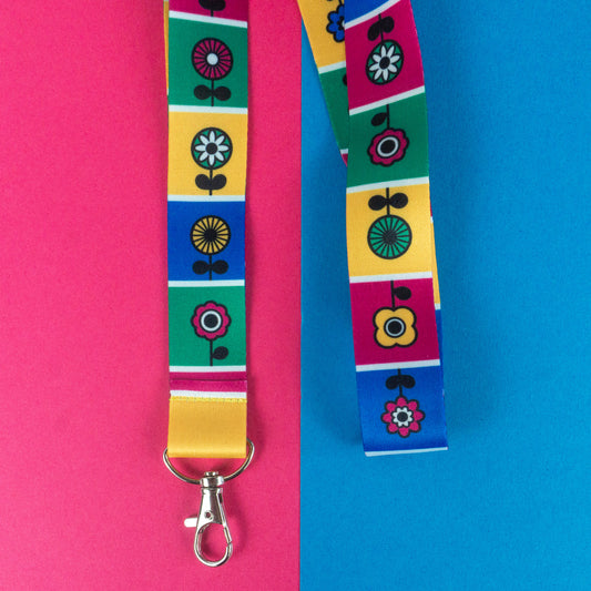 Retro Block Flowers Lanyard
