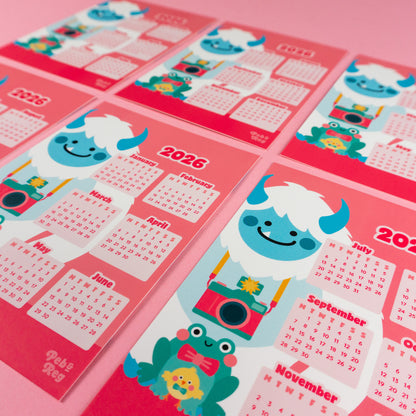 Yeti with Camera, Chick and Frog 2026 Calendar A6 Postcard
