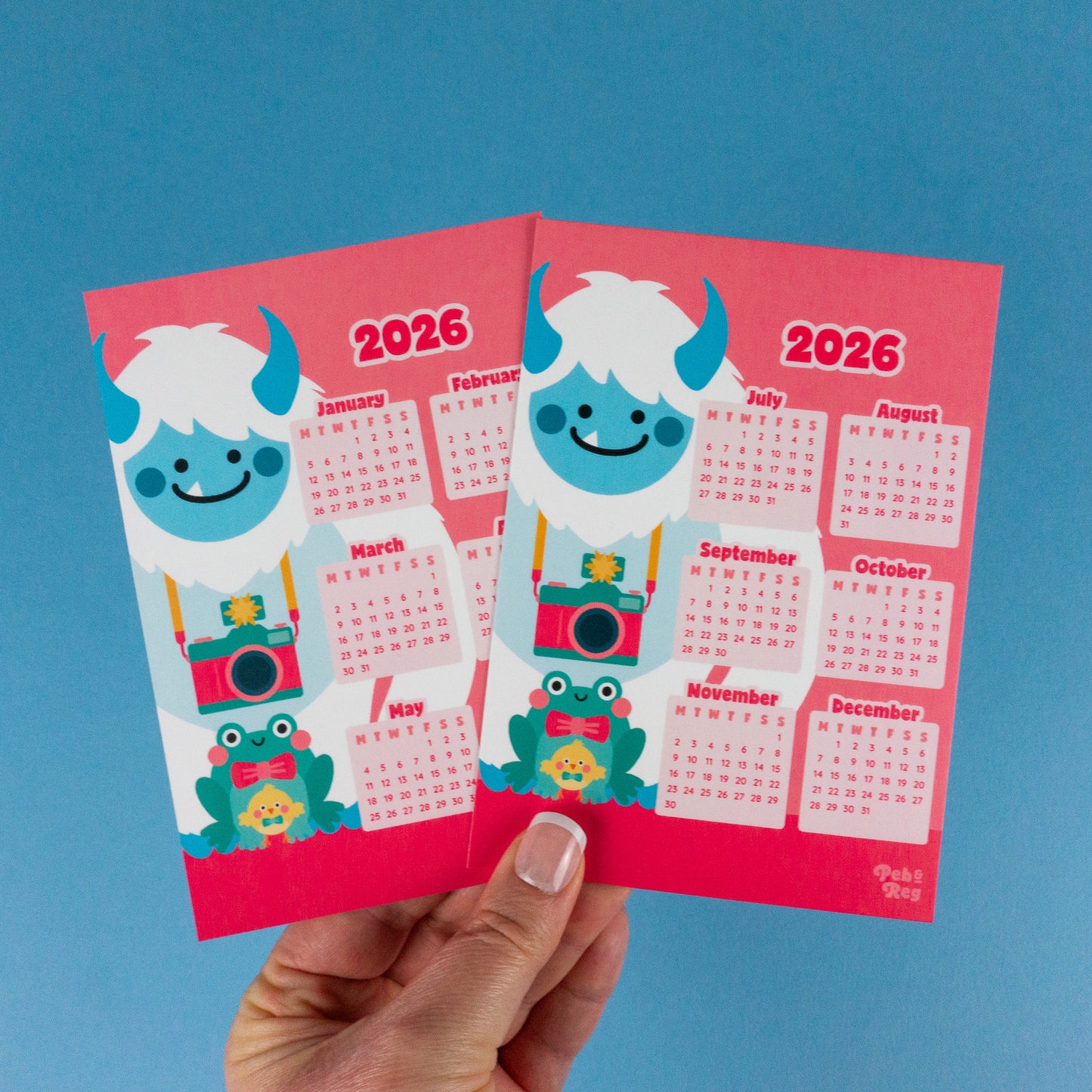 Yeti with Camera, Chick and Frog 2026 Calendar A6 Postcard