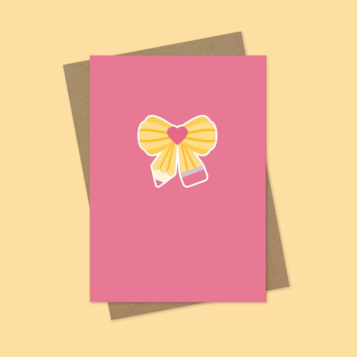 Pink Pencil Bow A7 Blank Greetings Card